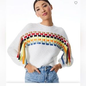 Alice + Olivia White Sweater with Multicolor Fringe Detail